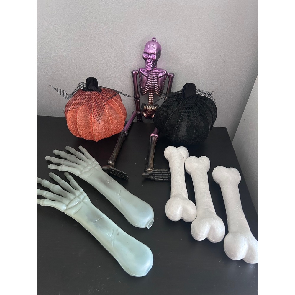 Halloween Decor Bundle Purple Skeleton Glitter Pumpkins Skeleton Hands Foam Bone